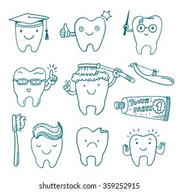 Hand drawn cute teeth doodle set