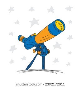 hand drawn cute telescope. doodle color telescope and gray stars. telescope illustration for education, research, science