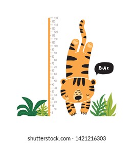 Hand Drawn Cute Tige Vector Illustration. Hand Drawn Vector Illustration For Posters, Cards, T-shirts. Children's Height Growth Chart Wall Stickers Baby Boys Girls Tige. Decor Sticker Poster Measureme