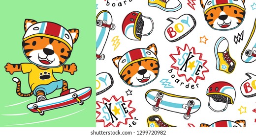 Hand drawn cute tiger cartoon playing skateboard with  seamless pattern skateboard elements