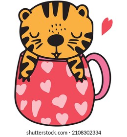 hand drawn cute tiger and fancy cup illustration vector EPS10