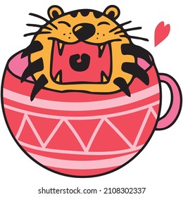 hand drawn cute tiger and fancy cup illustration vector EPS10