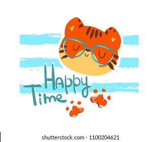 Hand Drawn Cute Tiger with glasses Vector Illustration