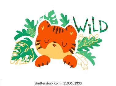 Hand Drawn Cute Tiger with glasses Vector Illustration, print design, children print on t-shirt, the words Wild.