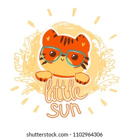 Hand Drawn Cute Tiger with glasses Vector Illustration, print design, children print on t-shirt. Sun.