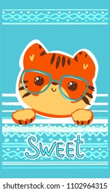 Hand Drawn Cute Tiger with glasses Vector Illustration, print design, children print on t-shirt.