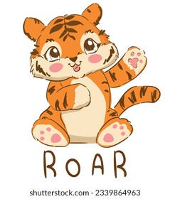 Hand Drawn Cute Tiger isolated on white background Vector Illustration, Children Design Print for T-Shirt 