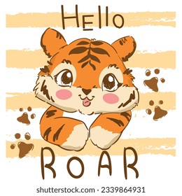 Ilustración del vector de tigre y de la huella de la pata dibujado a mano, niños diseñan la impresión para camiseta 