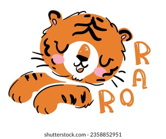 Hand Drawn Cute Tiger and Roar phrase isolated on white background Vector Illustration, Children Design Trend Print for T-Shirt 