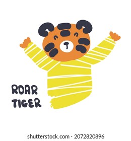 Hand drawn cute tiger in striped jumper. Perfect for T-shirt, poster, textile, print and greeting card. Vector illustration for decor and design.
