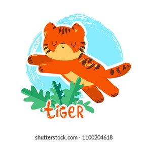Hand Drawn Cute Tiger Vector Illustration. Tropical illustration