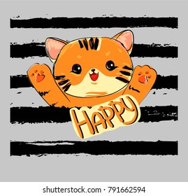 Hand Drawn Cute Tiger Vector Illustration, Children Design Print for T-Shirt
