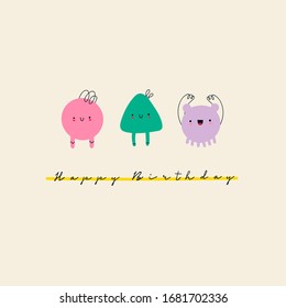 Hand drawn cute Tiny Little Doodle Monsters. Cheerful face emotions. Colorful Vector Trendy illustration for kids. Happy Birthday greeting card