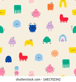 Hand drawn cute Tiny Little Doodle Monsters. Cheerful face emotions. Colorful Vector Seamless pattern. Trendy illustration for kids. Perfect for textile prints