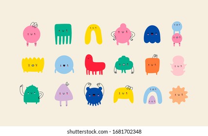 Hand drawn cute Tiny Little Doodle Monsters. Cheerful face emotions. Colorful big Vector set. Trendy illustration for kids. All elements are isolated 