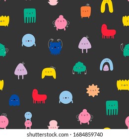 Hand drawn cute Tiny Little Doodle Monsters. Cheerful face emotions. Colorful Vector seamless pattern. Trendy illustration for kids. Black Background, wallpaper 