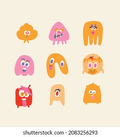 Hand drawn cute Tiny Little Doodle Monsters. Cheerful face emotions. Colorful big Vector set. Trendy illustration for kids. All elements are isolated on light background
