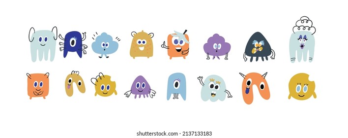 Hand drawn cute Tiny Little Doodle Monsters. Cheerful face emotions. Colorful big Vector set. Trendy illustration for kids. All elements are isolated on light background