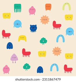 Hand drawn cute Tiny Little Doodle Monsters. Cheerful face emotions.