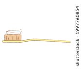 Hand drawn cute toothbrush with toothpaste on it, oral hygiene. Isolated vector illustration on white background