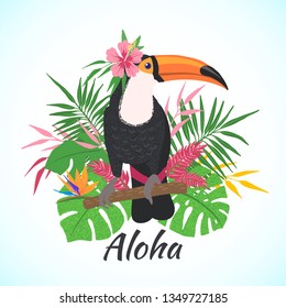 Hand drawn cute toucan on a floral background. Cartoon tropical bird. Summer concept. Design element for poster, banner, t-shirt and other. Vector illustration.