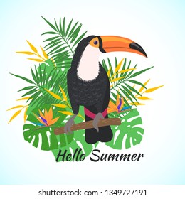 Hand drawn cute toucan on a floral background. Cartoon tropical bird. Summer concept. Design element for poster, banner, t-shirt and other. Vector illustration.