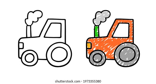Hand drawn cute tractor vector illustration. Kids doodle. Outline icon vehicle.
