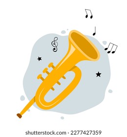 hand drawn cute trumpet in cartoon style.