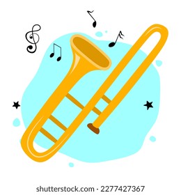 hand drawn cute trumpet in cartoon style.