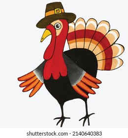 Dibujado a mano de pavo con sombrero, vector acuarela.