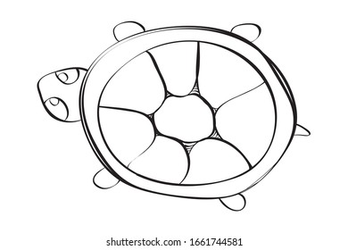hand drawn cute turtle illustration.  Black and white illustration for coloring book. 