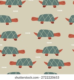 Tartarugas bonitas desenhadas à mão e pontos brancos. Ilustração vetorial com animais marinhos ingênuos, padrão infantil.