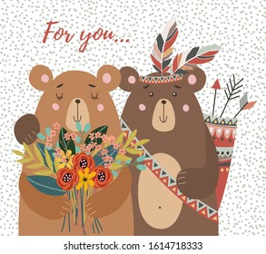Hand drawn cute two bears with bouquet of flowers and tribal feathers for decoration cards or posters. Childish vector illustration on a white background
