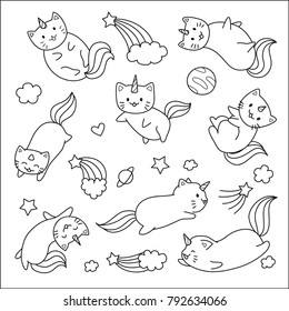 Hand drawn cute unicorn cats flying with stars and clouds for design element and coloring book page for kids or teens.