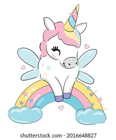 Hada dibujada lindo unicornio de unicornio con alas se sienta en un arcoiris con nubes y estrellas Dibujo infantil de la marca Trend ilustración vectorial