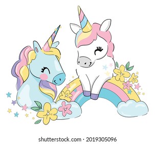 Hand drawn cute unicorn and flowers magic vector illustration. childish Trend Print picture