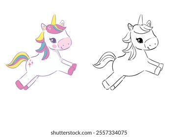 Hand Drawn Cute Unicorn Fun Outline and Colored Design Vector Illustration