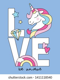Hand drawn cute unicorn illustration for t shirt printing