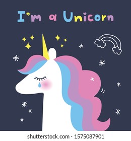 Hand Drawn Cute Unicorn Illustration. Little Pony. Cute Little Magical Rainbow Unicorn Vector Illustration.
