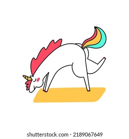 Hand drawn cute unicorn making yoga for decoration design. Childish cute drawing. Fantasy pastel color.