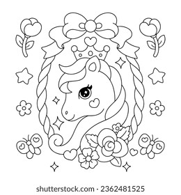 Hand drawn cute unicorn mirror coloring book vector illustration