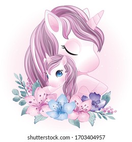 Hand drawn cute unicorn mother and baby