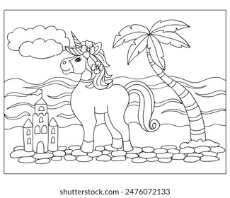 Hand drawn cute unicorn on the background of the sea and the castle. Magic illustration for coloring, sketch, vector