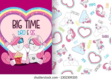Hand drawn cute unicorn with pattern vector set-vector