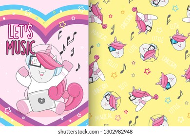 Hand drawn cute unicorn with pattern vector set-vector