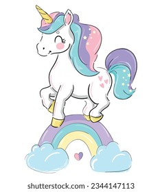 Hand Drawn cute unicorn and rainbow sketch style kids print Vector Illustration