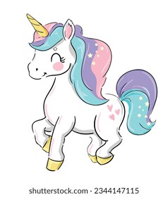 Hand Drawn cute unicorn and rainbow sketch style kids print Vector Illustration