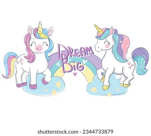 Hand Drawn Cute Unicorn and Rainbow sketch style kids print Vector Illustration