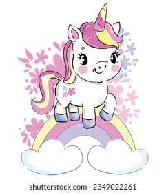 Hand Drawn cute unicorn and rainbow sketch style kids print Vector Illustration