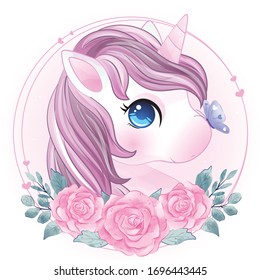 Hand drawn cute unicorn with rose portrait